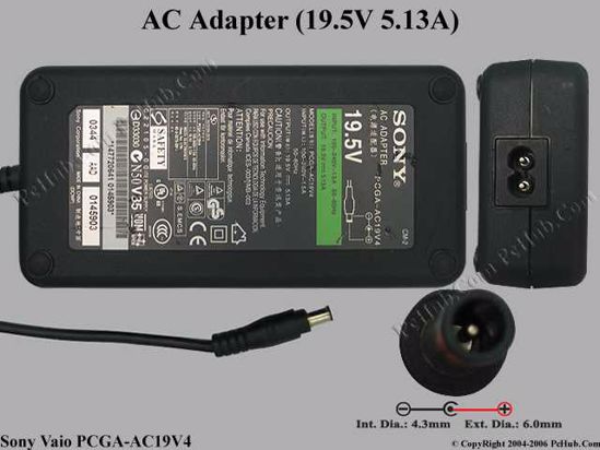 Sony Vaio Parts AC Adapter- Laptop PCGA-AC19V4, 19.5V 5.13A, Tip E