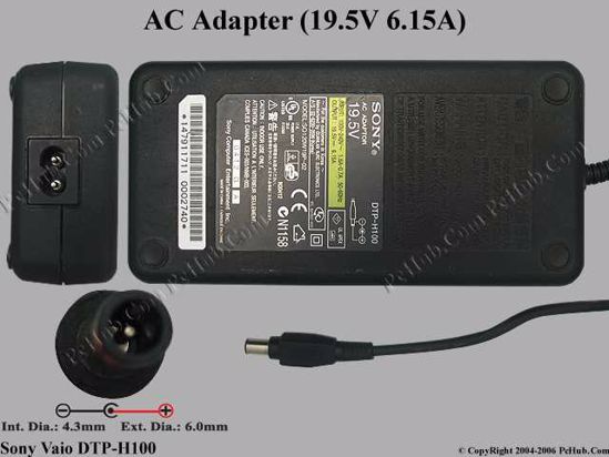 Sony Vaio Parts AC Adapter- Laptop 19.5V 6.15A, 6.0/4.4mm With Pin, 2-Prong