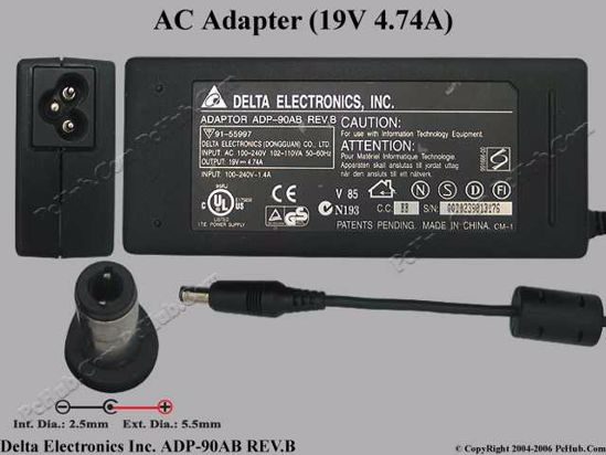 Delta Electronics ADP-90AB REV.B AC Adapter- Laptop 19V 4.74A, 5.5/2.5mm 12mm, 3-Prong