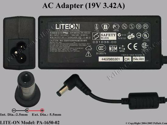 LITE-ON PA-1650-02 AC Adapter- Laptop 19V 3.42A, 5.5/2.5mm, 3-Prong