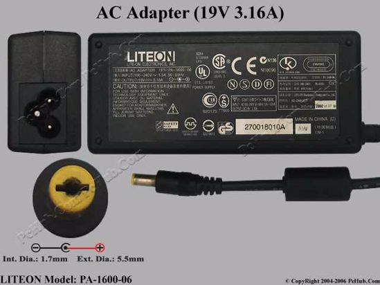 LITE-ON PA-1600-06 AC Adapter- Laptop 19V 3.16A, 5.5/1.7mm 3-Prong