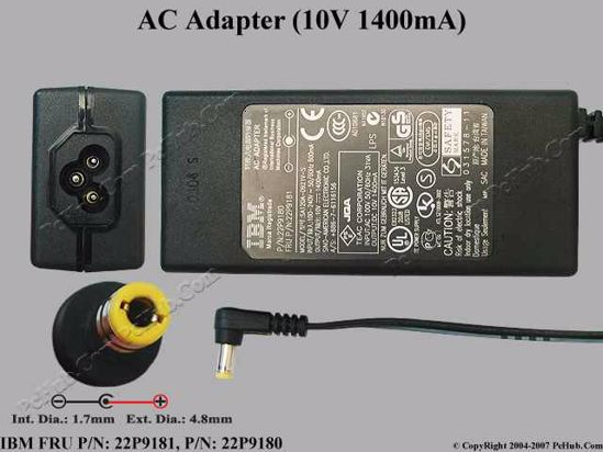 IBM Common Item (IBM) AC Adapter- Laptop 22P9181, 10V 1.4A