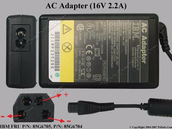 IBM Thinkpad Series AC Adapter- Laptop 85G6705, 16V 2.2A, 4-Hole, (2-prong)