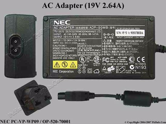 NEC Common Item (NEC) AC Adapter- Laptop 19V 2.64 3-Hole Tip, 2-Prong