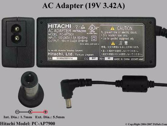 Hitachi Common Item (Hitachi) AC Adapter- Laptop 19V 3.42A, 5.5/1.7mm, 2-Prong