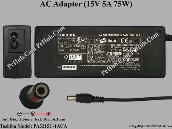 Toshiba Common Item (Toshiba) AC Adapter- Laptop PA3215U-1ACA, 15V 5A, Tip D, (2-prong)