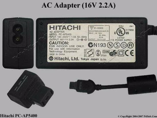 Hitachi Common Item (Hitachi) AC Adapter- Laptop PC-AP5400, 16V 2.2A, Tip O