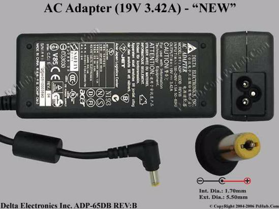 Delta Electronics ADP-65DB REV.B AC Adapter- Laptop 19V 3.42A, 5.5/1.7mm, 3-Prong, New