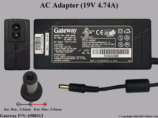 Gateway Common Item (Gateway) AC Adapter- Laptop 19V 4.74A, 5.5/2.1mm, 2-Prong