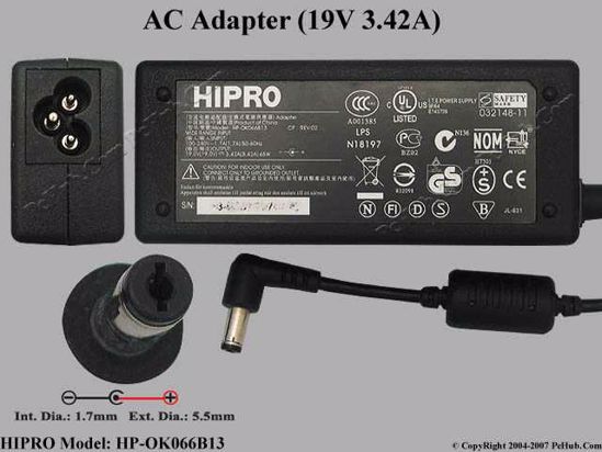 HIPRO HP-OK066B13 AC Adapter- Laptop 19V 3.42A, 5.5/1.7mm, 3-Prong