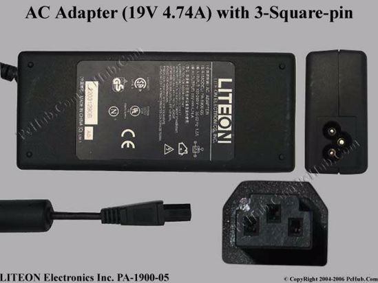 LITE-ON PA-1900-05 AC Adapter- Laptop 19V 4.74A, 3-Square-Hole, 3-prong