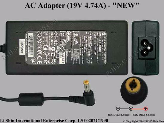 Li Shin LSE0202C1990 AC Adapter- Laptop 19V 4.74A, 5.5/2.5mm, 3-Prong, New