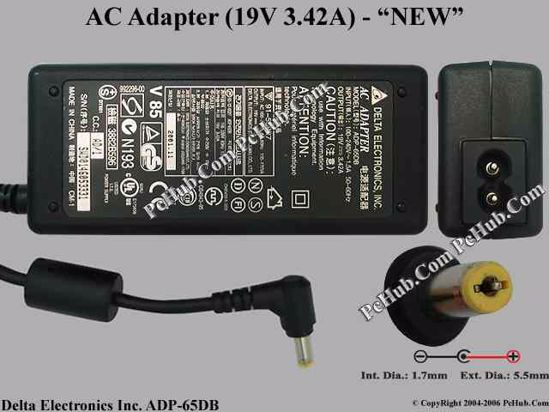 Delta Electronics ADP-65DB AC Adapter- Laptop 19V 3.42A, 5.5/1.7mm, 2-Prong