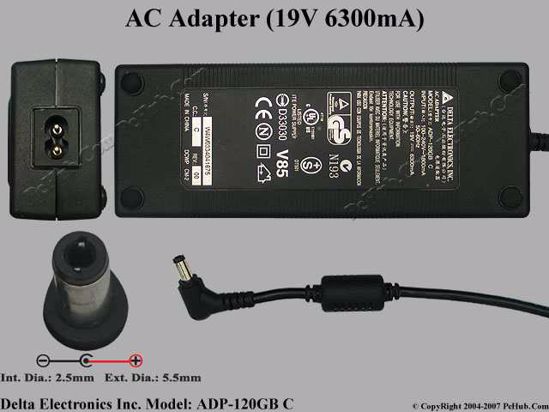 Delta Electronics ADP-120GB C AC Adapter- Laptop 19V 6.3A, 5.5/2.5mm, 2-Prong