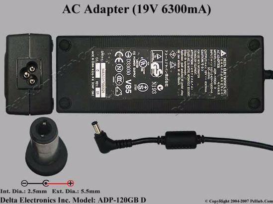 Delta Electronics ADP-120GB D AC Adapter- Laptop 19V 6.3A, 5.5/2.5mm, 3-Prong