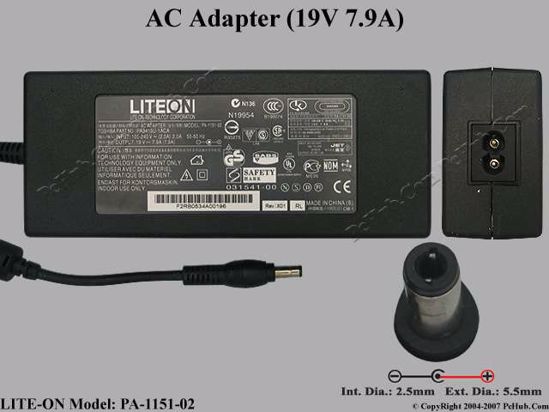 Toshiba Common Item (Toshiba) AC Adapter- Laptop 19V 7.9A, Barrel 5.5/2.5mm, 2-Prong