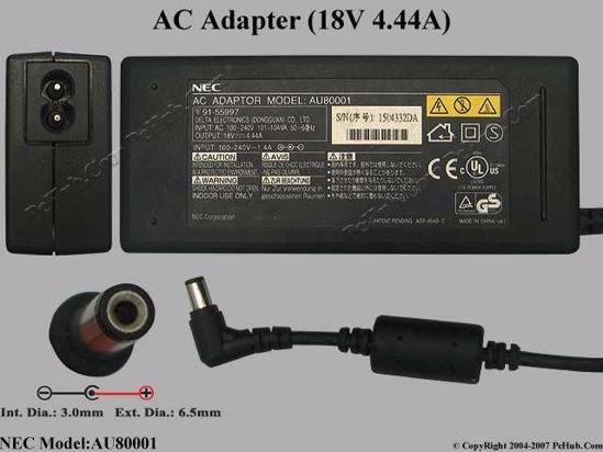 NEC Common Item (NEC) AC Adapter- Laptop AU80001, 18V 4.44A, Tip D, (2-prong)