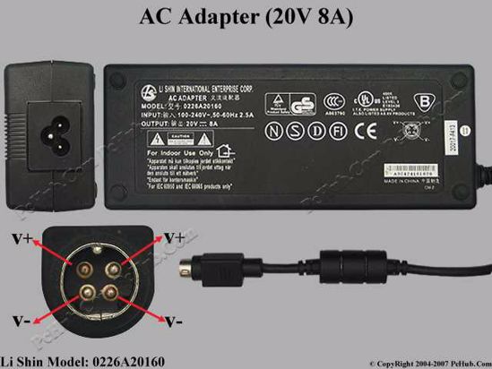 Li Shin 0226A20160 AC Adapter- Laptop 20V 8A, 4-Pin P1 4=V