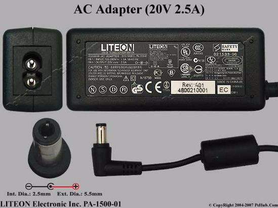 LITE-ON PA-1500-01 AC Adapter- Laptop 20V 2.5A, 5.5/2.5mm, 2-Prong