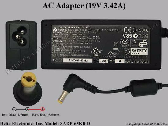 Delta Electronics SADP-65KB AC Adapter- Laptop 19V 3.42A, 5.5/1.7mm, 3-Prong,