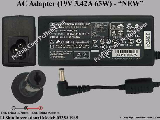 Li Shin 0335A1965 AC Adapter- Laptop 19V 3.42A, 5.5/1.7mm, 3-Prong, NEW