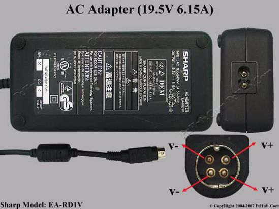 Sharp EA-RD1V AC Adapter- Laptop 19.5V 6.15A, 4P, P1 2=