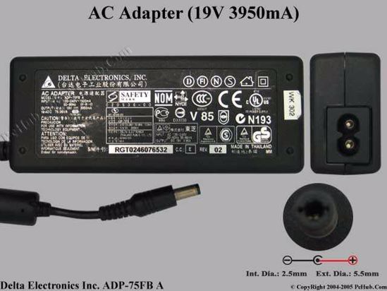 Delta Electronics ADP-75FB A AC Adapter- Laptop 19V 3.95A, 5.5/2.5mm, 2-Prong