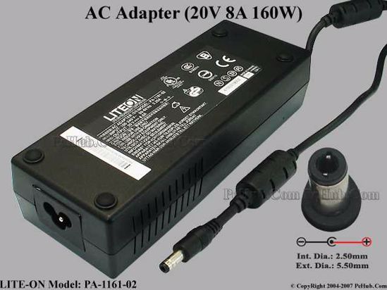 LITE-ON PA-1161-02 AC Adapter- Laptop 20V 8A 5.5/2.5mm 12mm, 3-Prong