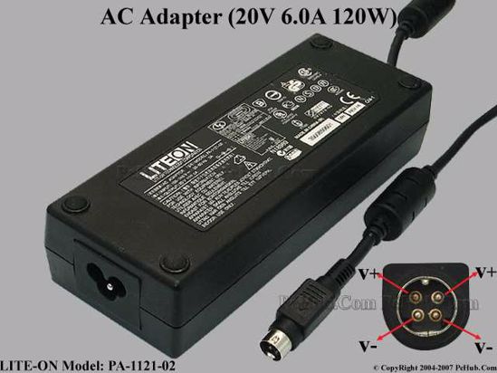 LITE-ON PA-1121-02 AC Adapter- Laptop 20V 6A, 4-Pin DIN, 3-Prong