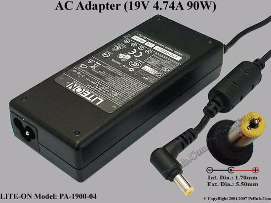 LITE-ON PA-1900-04 AC Adapter- Laptop 19V 4.74A, 5.5/1.7mm, 3-Prong