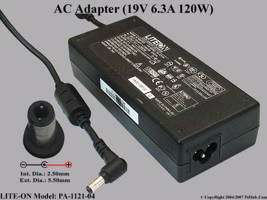 LITE-ON PA-1121-04 AC Adapter- Laptop 19V 6.3A, 5.5/2.5mm 12mm Length, 3-Prong