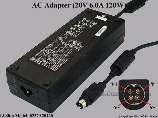 Li Shin 0227A20120 AC Adapter- Laptop 20V 6A, 4-Pin DIN, 3-Prong