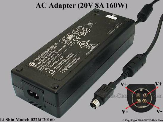 Li Shin 0226C20160 AC Adapter- Laptop 20V 8A, 4-Pin P1 4=V