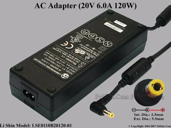 Li Shin LSE0110B20120-01 AC Adapter- Laptop 20V 6A, 5.5/2.5mm, 2-Prong