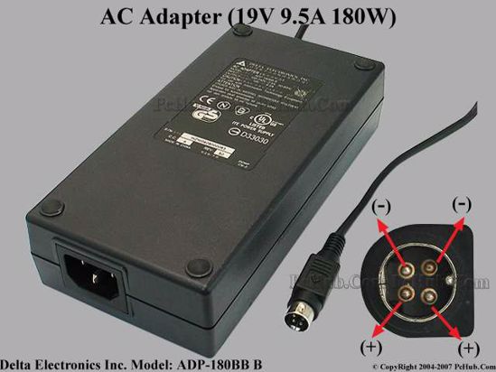 Delta Electronics ADP-180BB B AC Adapter- Laptop 19V 9.5A, 4-Pin P1 2=V