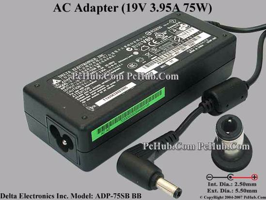 Delta Electronics ADP-75SB BB AC Adapter- Laptop 19V 3.95A, Barrel 5.5/2.5mm, 3-Prong, N