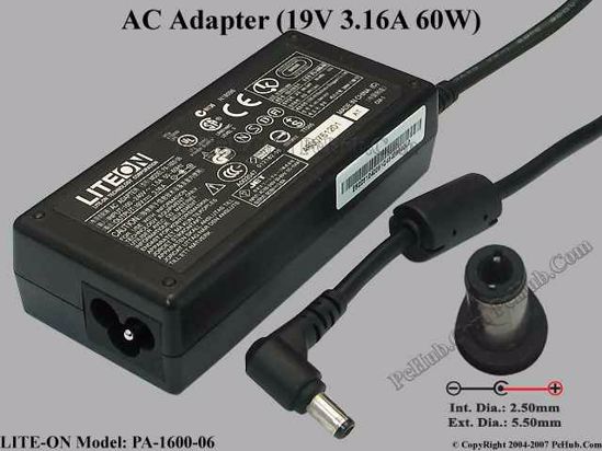 LITE-ON PA-1600-06 AC Adapter- Laptop 19V 3.16A, 5.5/2.5mm, 3-Prong