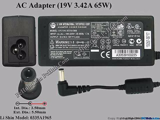 Li Shin 0335A1965 AC Adapter- Laptop 19V 3.42A 65W, Barrel 5.5/2.5mm, 3-Prong