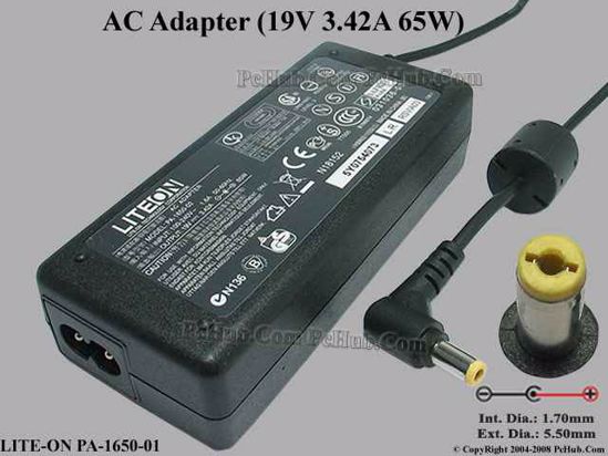 LITE-ON PA-1650-01 AC Adapter- Laptop 19V 3.42A, 5.5/1.7mm, 2-Prong, NEW