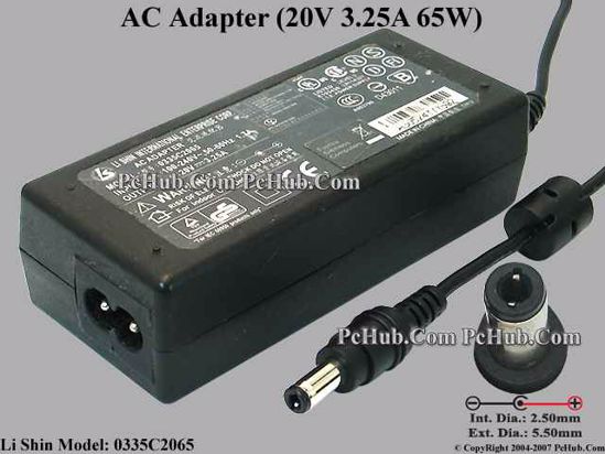 Li Shin 0335C2065 AC Adapter- Laptop 20V 3.25A, 5.5/2.5mm 12mm Length, 2-Prong