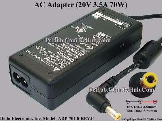 Delta Electronics ADP-70LB REV.C AC Adapter- Laptop 20V 3.5A, 5.5/2.5mm, 2-Prong