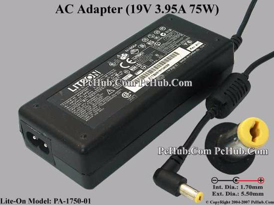 LITE-ON PA-1750-01 AC Adapter- Laptop 19V 3.95A, 5.5/1.7mm, 2-Prong