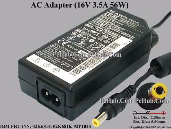 IBM Thinkpad Series AC Adapter- Laptop 02K6814, 16V 3.5A, Tip C, (2-prong)