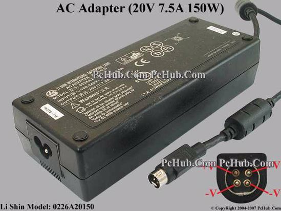 Li Shin 0226A20150 AC Adapter- Laptop 20V 7.5A, 4-Pin P1 4=V