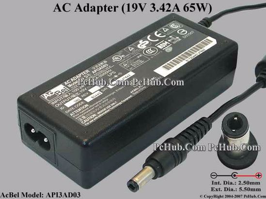 Acbel Polytech API3AD03 AC Adapter- Laptop 19V 3.42A, 5.5/2.5mm 12mm, 3-Prong