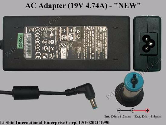 Li Shin LSE0202C1990 AC Adapter- Laptop 19V 4.74A, 5.5/1.7mm, 3-Prong, New