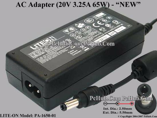 LITE-ON PA-1650-01 AC Adapter- Laptop 20V 3.25A, 5.5/2.5mm, 2-Prong, New