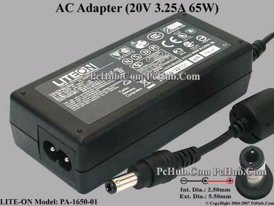 LITE-ON PA-1650-01 AC Adapter- Laptop 20V 3.25A, 5.5/2.5mm 12mm Length, 2-Prong