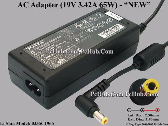 Sotec Common Item (Sotec) AC Adapter- Laptop 19V 3.42A, 5.5/2.5mm, 2-Prong, New