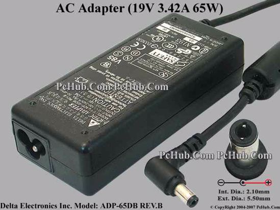 Delta Electronics ADP-65DB REV.B AC Adapter- Laptop 19V 3.42A, 5.5/2.1mm, 3-Prong